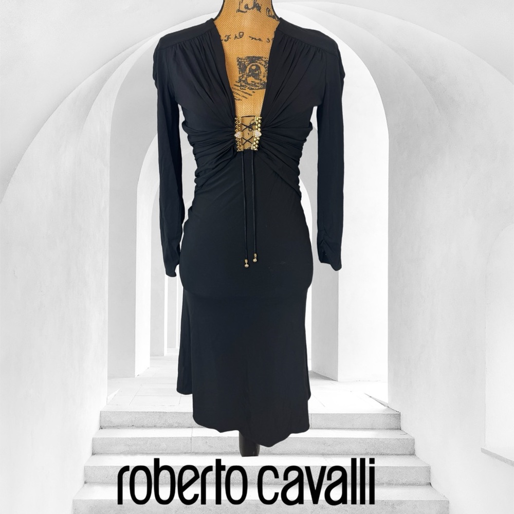 Roberto Cavalli Black Long Sleeve V-Neck Dress with Gold Accent